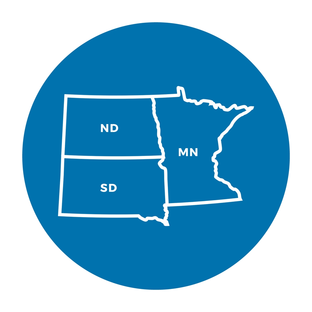 Map of The Advocates' service area, which is Minnesota, North Dakota, and South Dakota.